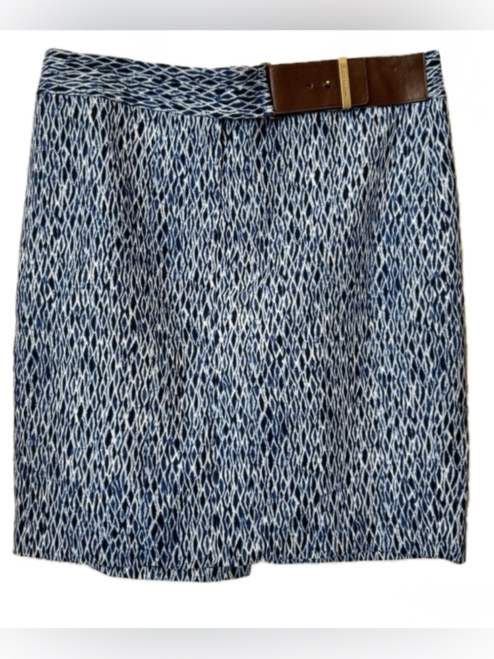 🏷️3/$30 Michael Kors Blue White Print Pencil Skirt Faux Leather Belt Detail 12